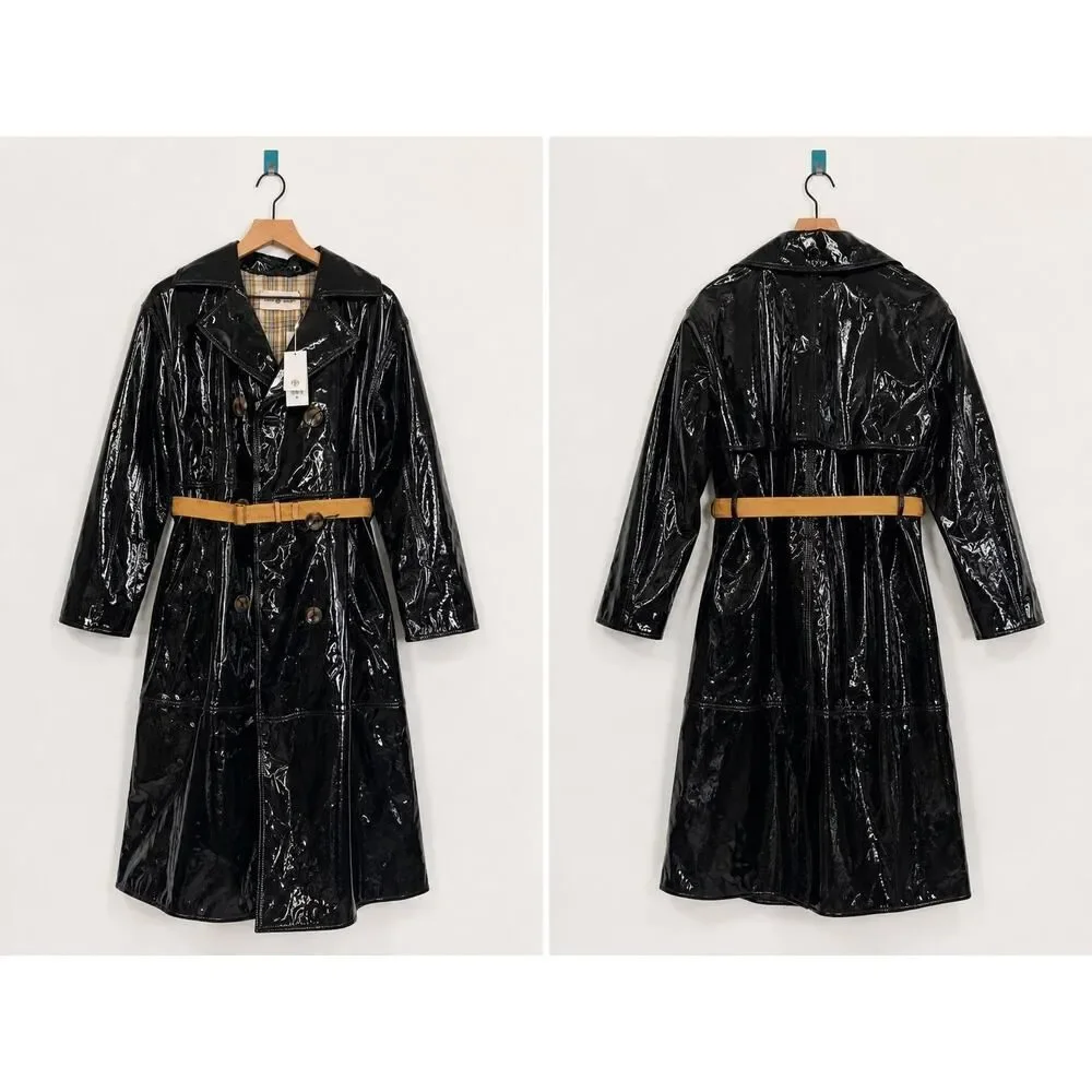 Tory Burch Black Patent Leather Trench Coat Belted Size 6